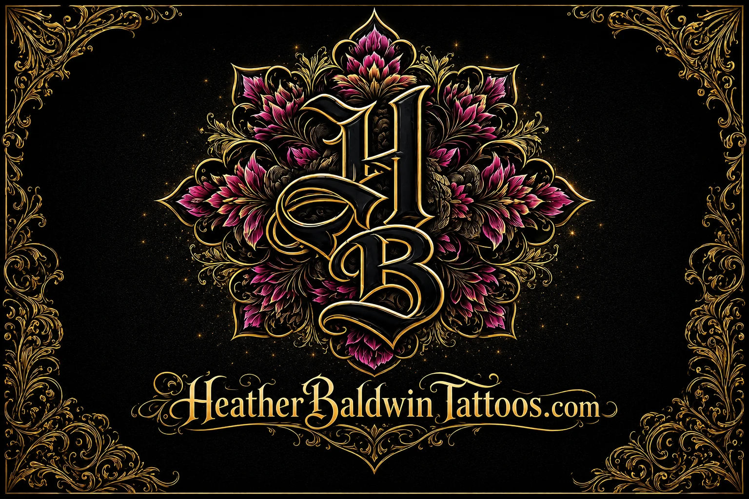 HeatherBaldwin.com — HB monogram with peony filigree and gold scrollwork · Cover-Up & Floral Tattoo Specialist · TNT Tattoo Aiea Hawaii