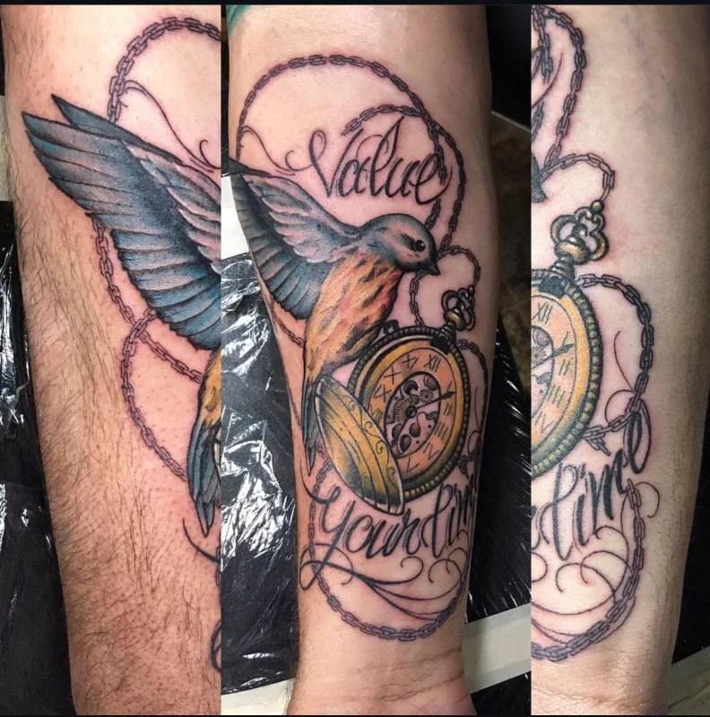 Heather Baldwin neo-traditional bird pocket watch tattoo on forearm, Hawaii