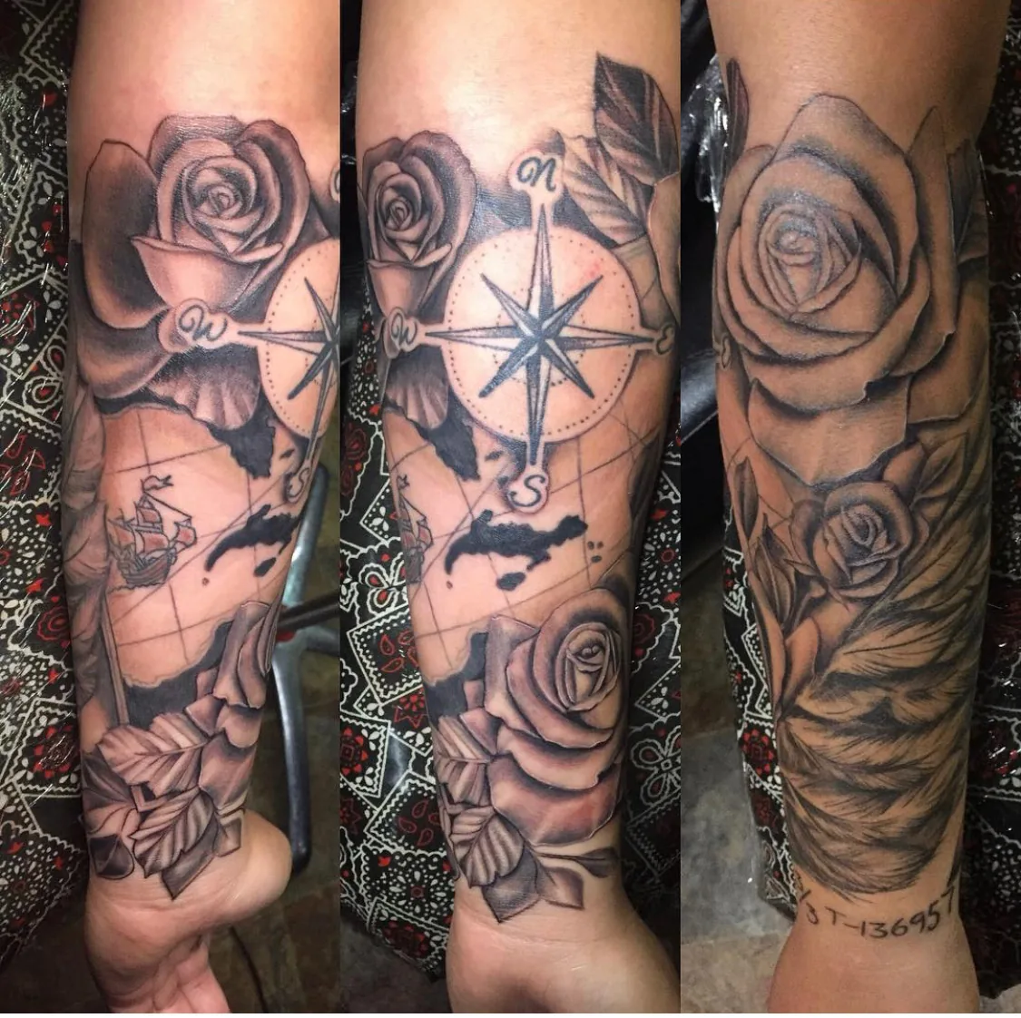 Nautical tattoo by Heather Baldwin — compass rose with ship sailing across an old map, roses and feathers in black and grey realism wrapping the forearm