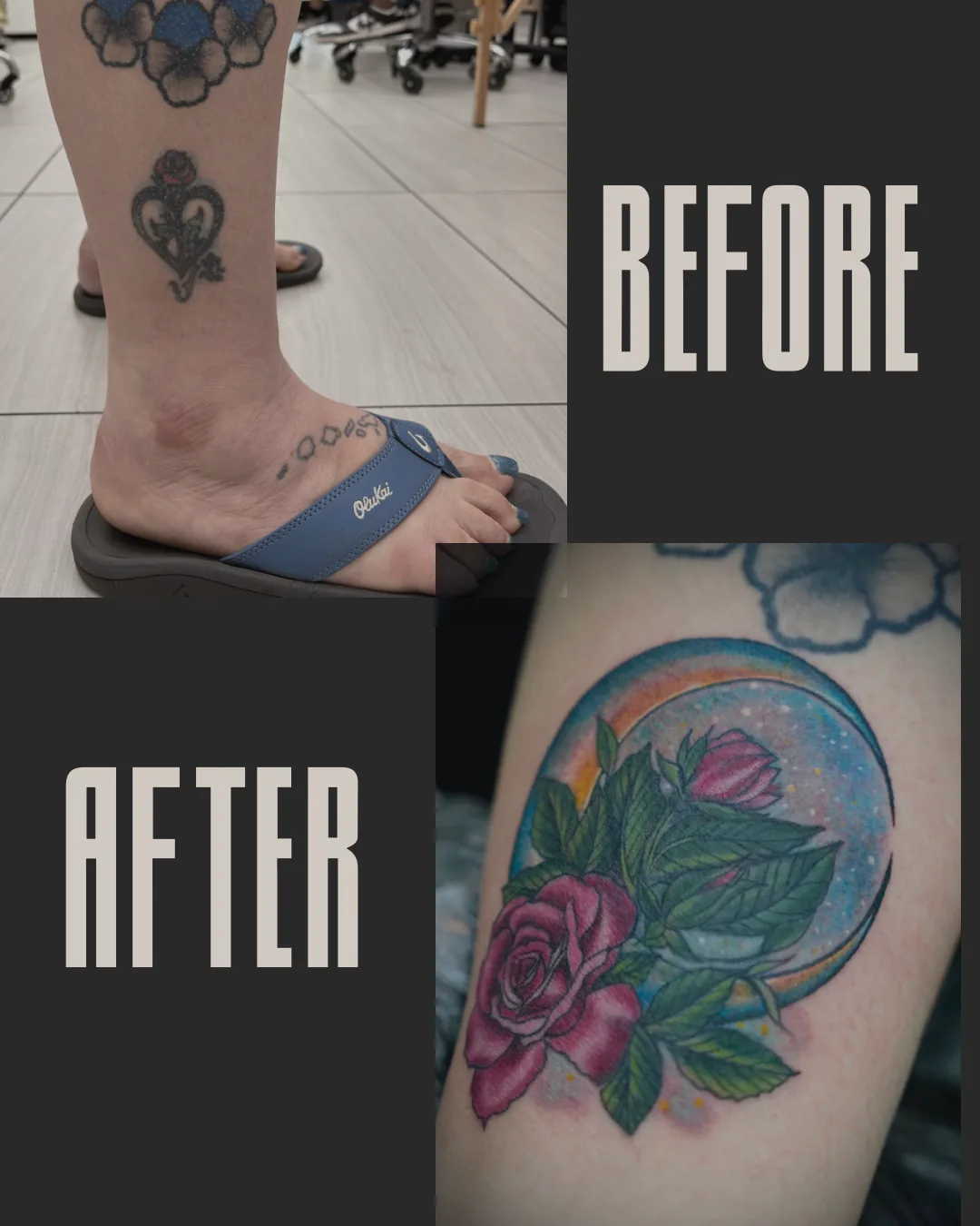 Cover-up tattoo by Heather Baldwin — faded ankle piece reborn as a crescent moon with a blooming rose and bud, color illustrative