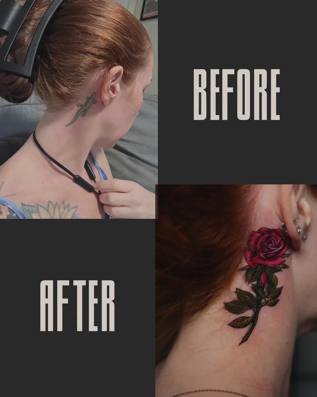 Cover-up tattoo by Heather Baldwin — small faded lizard behind the ear buried under a bold red rose and leaves