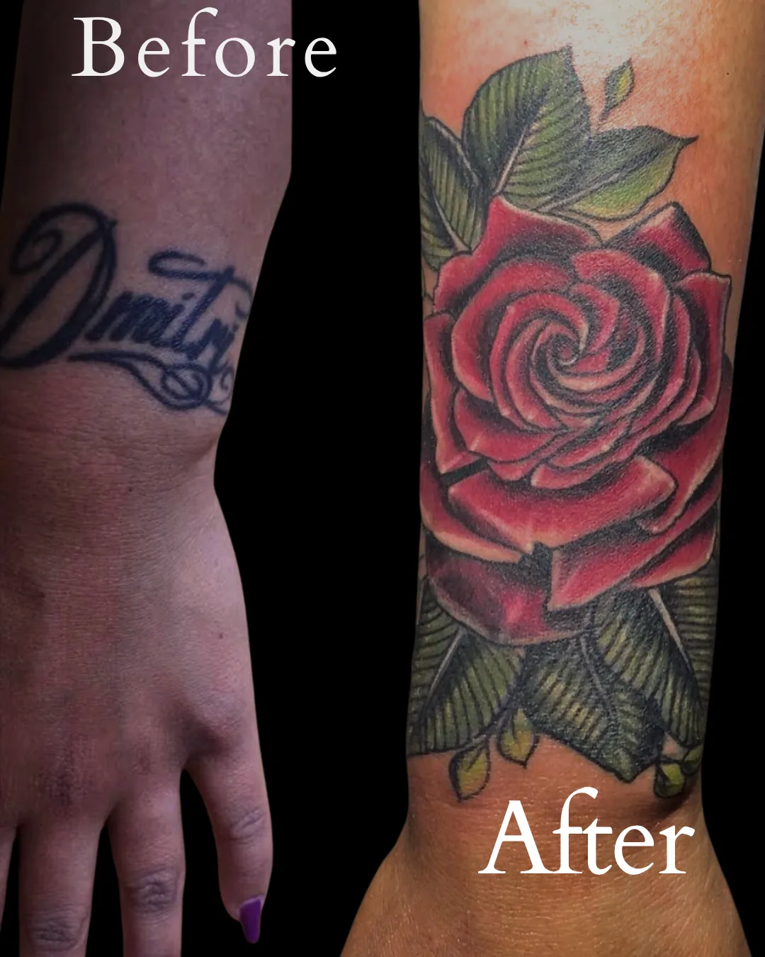 Cover-up tattoo by Heather Baldwin — name script 'Dmitri' on the wrist completely buried under a bold red rose with green leaves