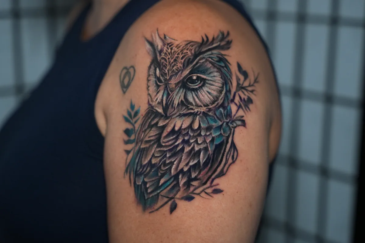 Owl tattoo by Heather Baldwin — great horned owl perched on a branch, teal and lavender highlights through the feathers, color neo-realism on the shoulder