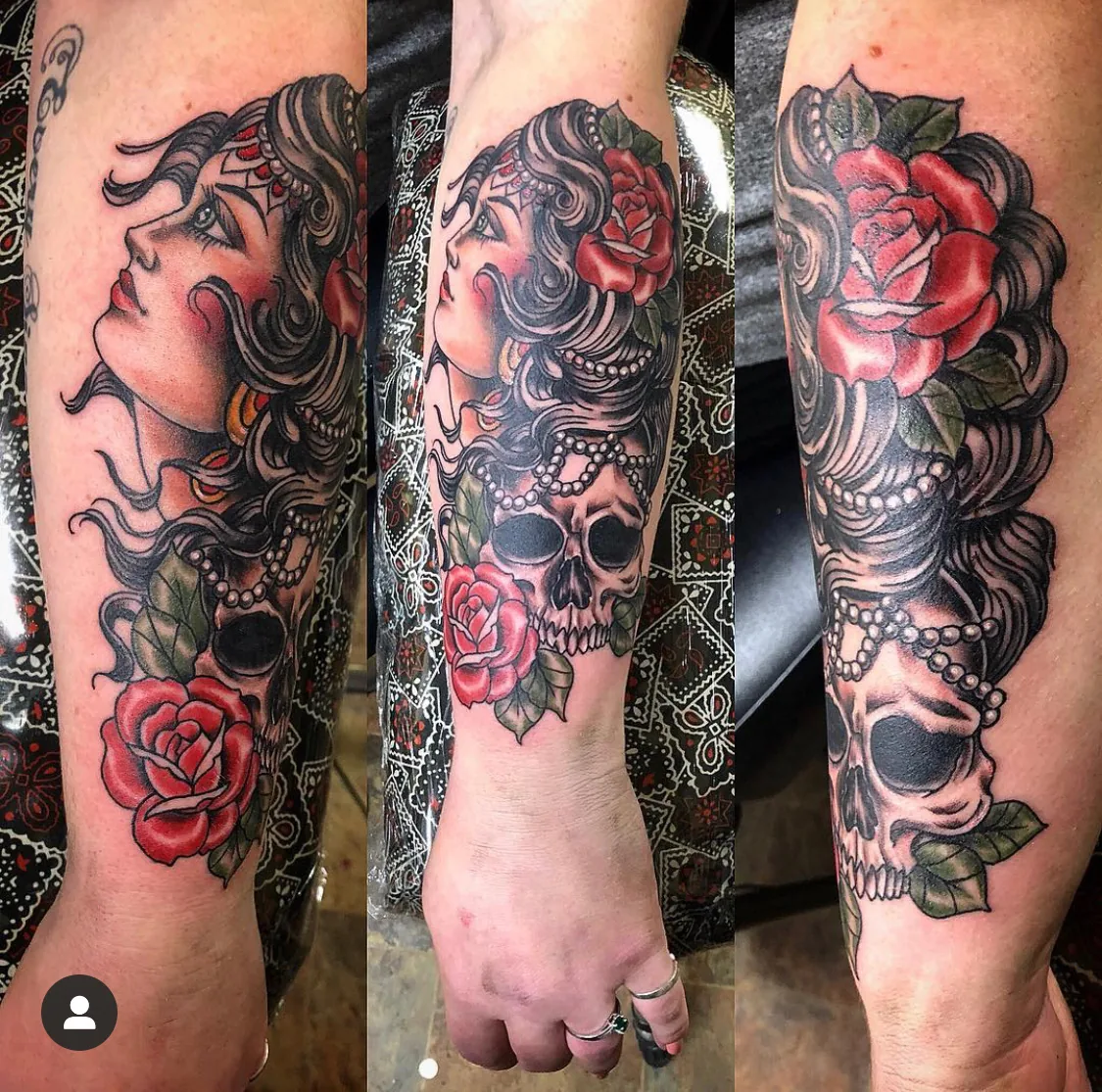 Neo-traditional tattoo by Heather Baldwin — gypsy woman with flowing hair, draped pearls, skull, and red roses wrapped around the forearm shown in three angles