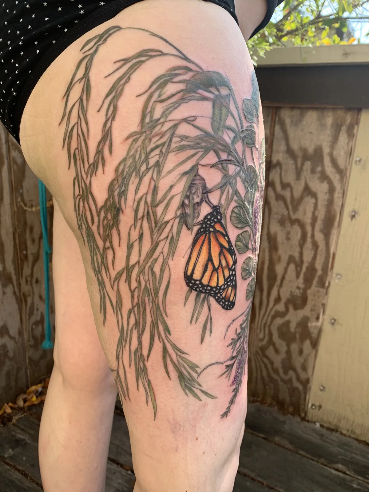 Monarch butterfly tattoo by Heather Baldwin — orange monarch resting on lavender and rosemary stems, color realism botanical piece on the thigh