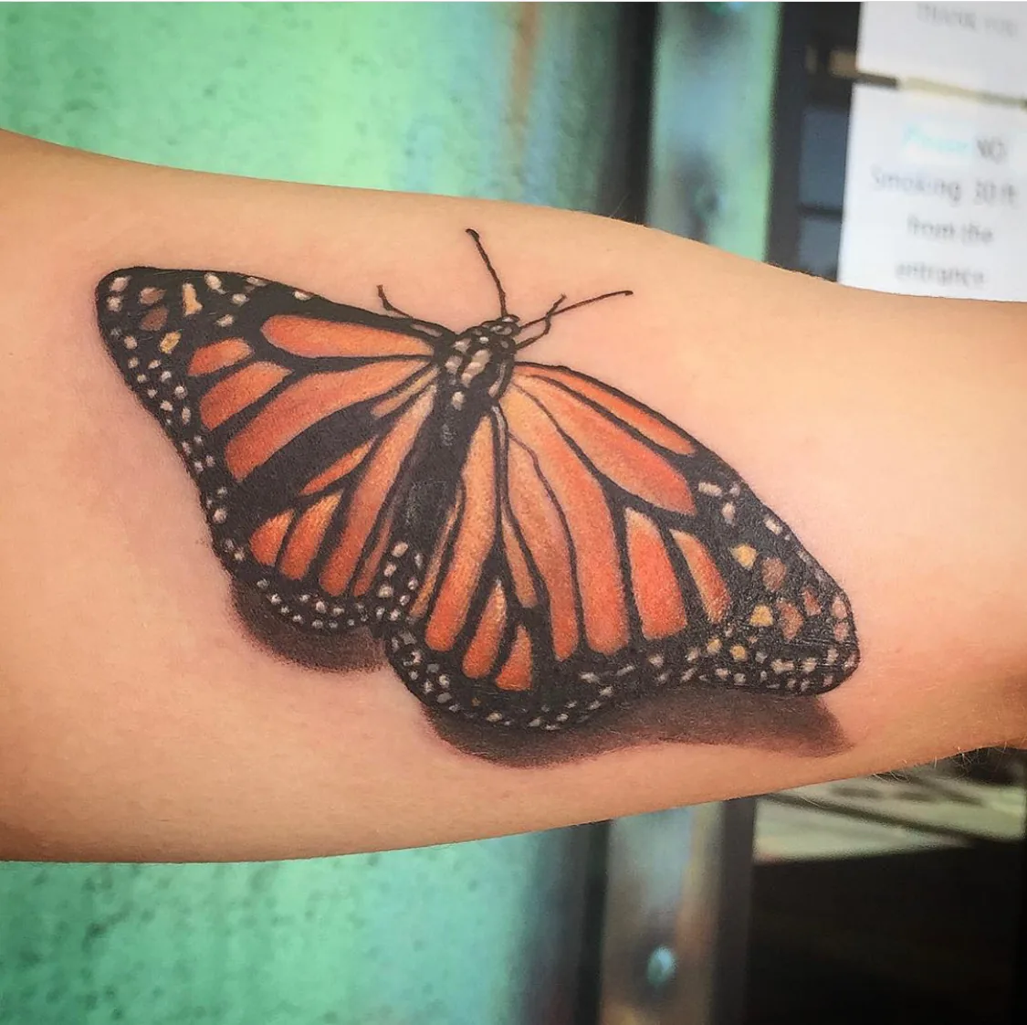 Butterfly tattoo by Heather Baldwin — orange monarch with detailed wing veining and a soft cast shadow giving a 3D effect on the inner bicep
